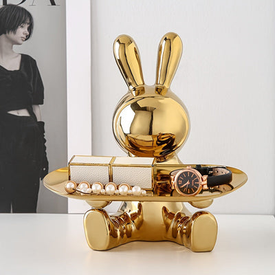 Bandeja de cerámica moderna con forma de conejo para almacenamiento - Soporte de madera, ideal como organizador de llaves y joyas, perfecto para decorar la entrada.