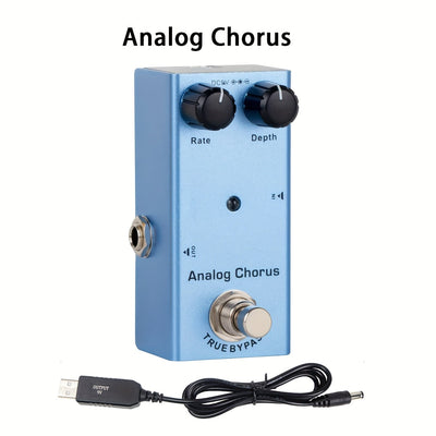Efecto de coro de guitarra analógico, pedal de aluminio, conmutación de verdadero bypass, alimentado por USB, DC 9V, con cable de aumento de 5V a 9V USB, control de botón, azul claro para guitarra