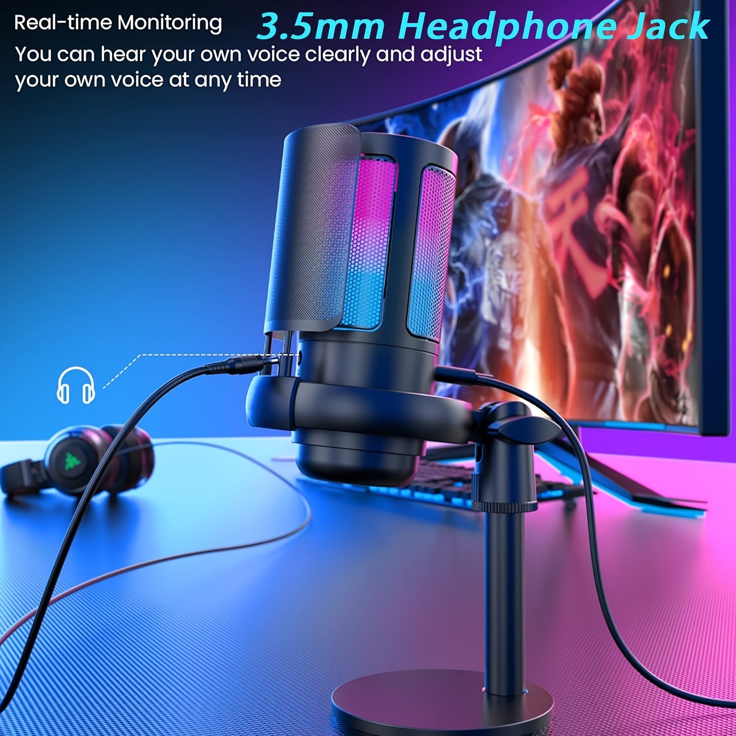Kit de Micrófono Profesional para Gaming USB, Micrófono Condensador con Cancelación de Ruido RGB, Adaptador TYPE-C, Mute Rápido, Control de Ganancia, Conector 3.5mm para Auriculares, Incluye Soporte Metálico y Rejilla Filtrante para Gamers & Podcasteros