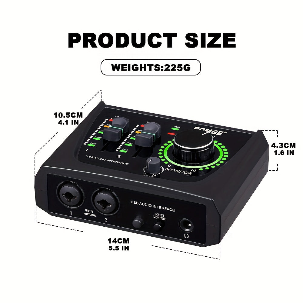 Interfaz de audio USB mini BOMGE de 2 canales para grabación, transmisión y podcasting, interfaz de audio de calidad de estudio para guitarristas, vocalistas, podcasters o productores