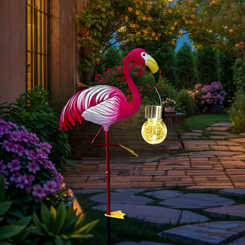 Farol solar de flamenco para exteriores, montaje en suelo, diseño exquisito con bola cálida blanca y estampado colorido, ideal para terraza, jardín o patio, decoración luminosa perfecta como regalo para familiares y amigos