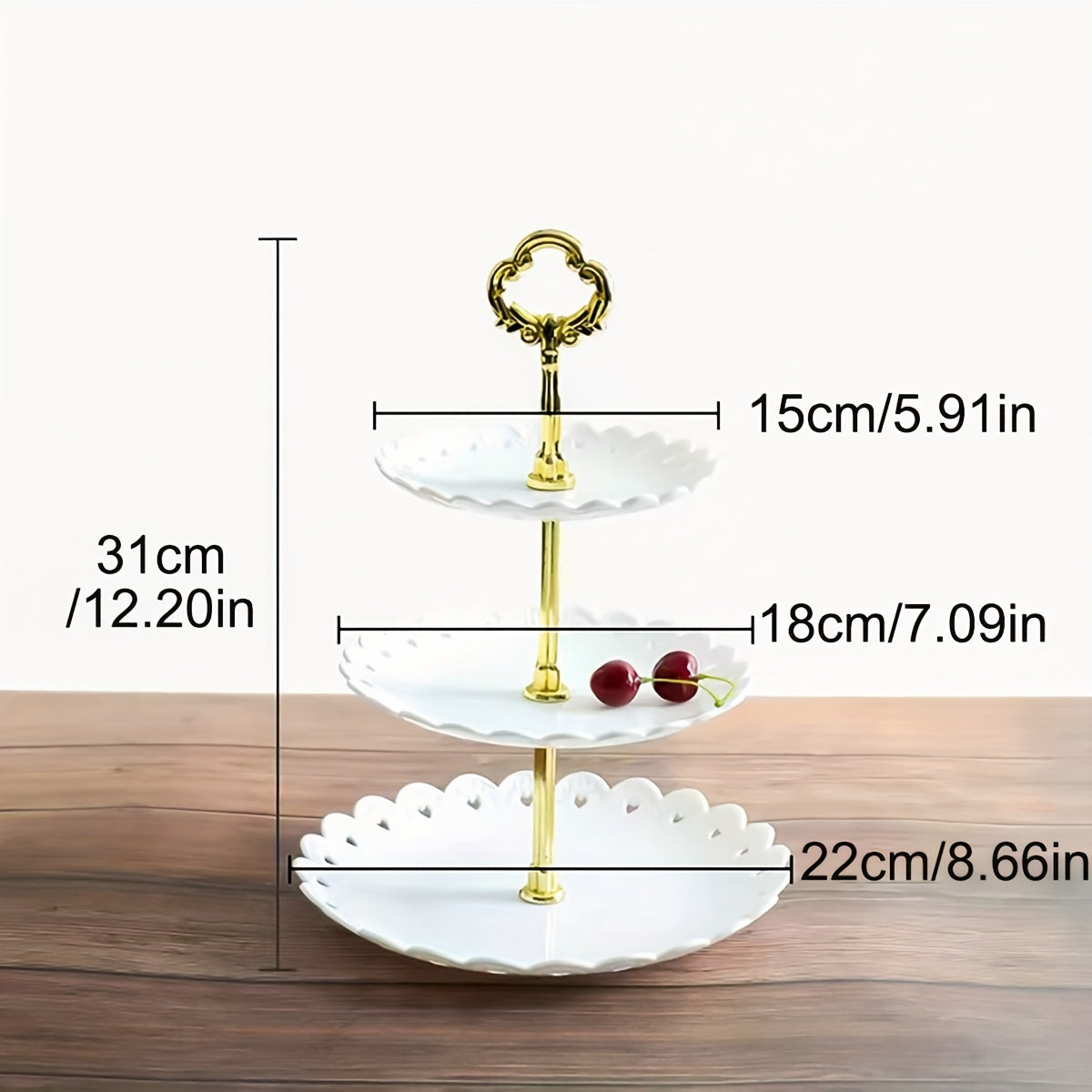 Soporte de pastel redondo de 3 niveles con asas doradas - Soporte de postre duradero de polipropileno para pasteles, cupcakes y pasteles - Ideal para fiestas, cumpleaños, duchas y decoración de mesa elegante, suministros para decoración de pasteles