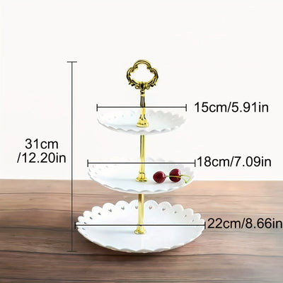 Soporte de pastel redondo de 3 niveles con asas doradas - Soporte de postre duradero de polipropileno para pasteles, cupcakes y pasteles - Ideal para fiestas, cumpleaños, duchas y decoración de mesa elegante, suministros para decoración de pasteles