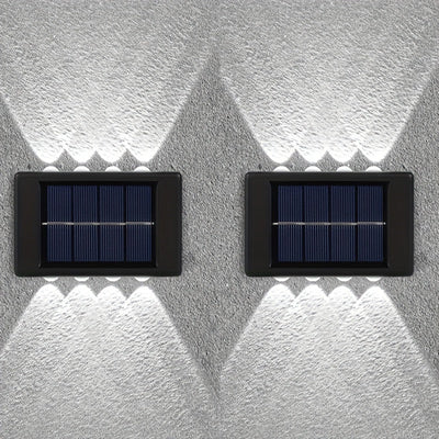 6 piezas de 8 luces solares para paredes exteriores, luces decorativas para patio, villa y jardín, luces de valla y sendero, luces de porche de jardín, luces pequeñas para paredes, luces convexas con luz ascendente y descendente, adecuadas para jardines,