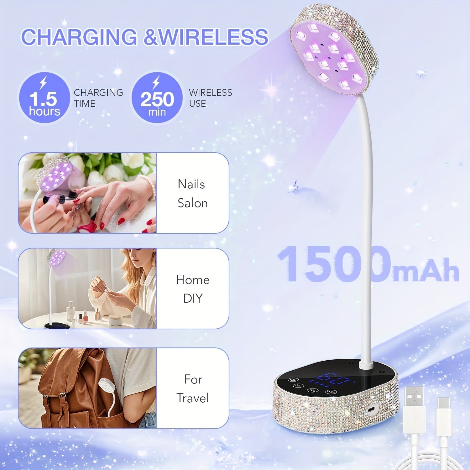 Linterna de Uñas Compacta para Escritorio con Pantalla Táctil - Secador Portátil con Piedras Brillantes, 12 Luces LED, Sensor Infrarrojo Inteligente, Kit de Manicura Perfecto para Cumpleaños de Mujeres