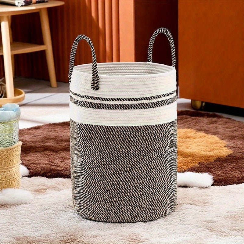 Canasta de Almacenamiento Escandinava Bohemia Tejida - Cesto Plegable de Poliéster con Asas y Patrón Geométrico y Blanco, Organizador Multiusos para Ropa Sucia, Juguetes, Decoración del Hogar