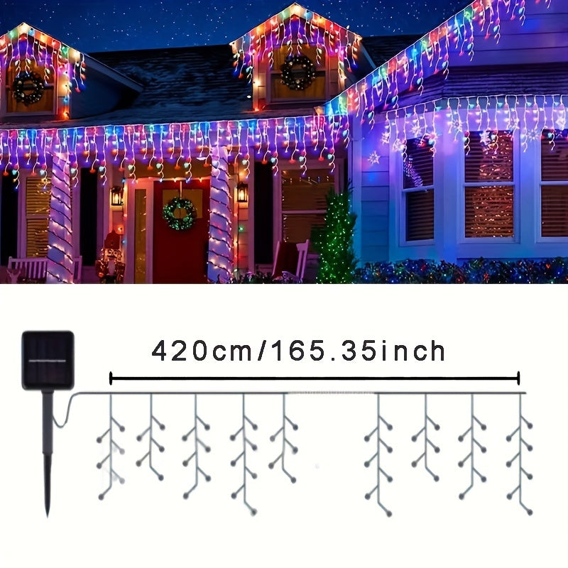Luces de hielo alimentadas por energía solar, 96 LED, 8 modos, 4,2 metros de largo, multicolor (blanco, azul, verde, amarillo, rojo) para decoración de Navidad, vacaciones, bodas y fiestas en interiores y exteriores, impermeables IPX4, sensor inteligente
