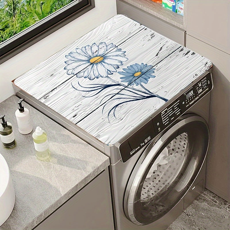 1 pieza de alfombrilla de cubierta para lavadora y secadora floral - Diseño de margaritas azules, tejido de poliéster absorbente, decoración de habitación de lavado, cocina y baño | Diseño de encanto rural | Alfombrilla duradera
