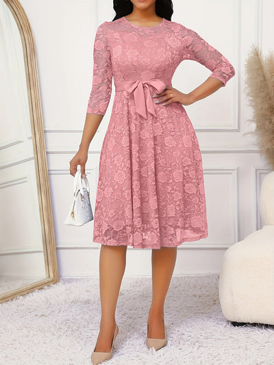 Vestido elegante con encaje floral, cinturón y dobladillo con volantes, cuello redondo y mangas 3/4, ideal para primavera y otoño, ropa de mujer