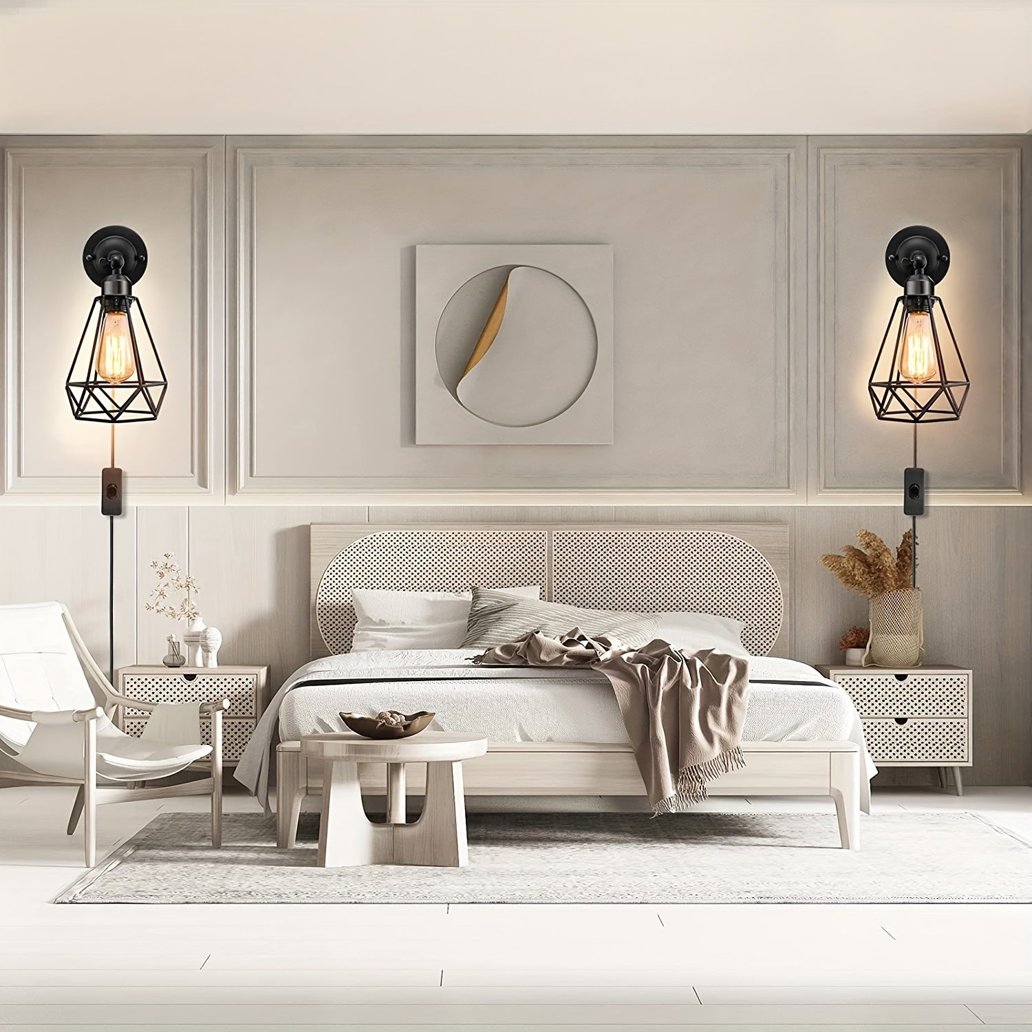 2 piezas de apliques de pared rústicos industriales con diseño de bombilla Edison, lámparas de jaula de alambre metálico de 60W, energéticamente eficientes con interruptor de encendido/apagado, ideales para decoración de dormitorio y porche