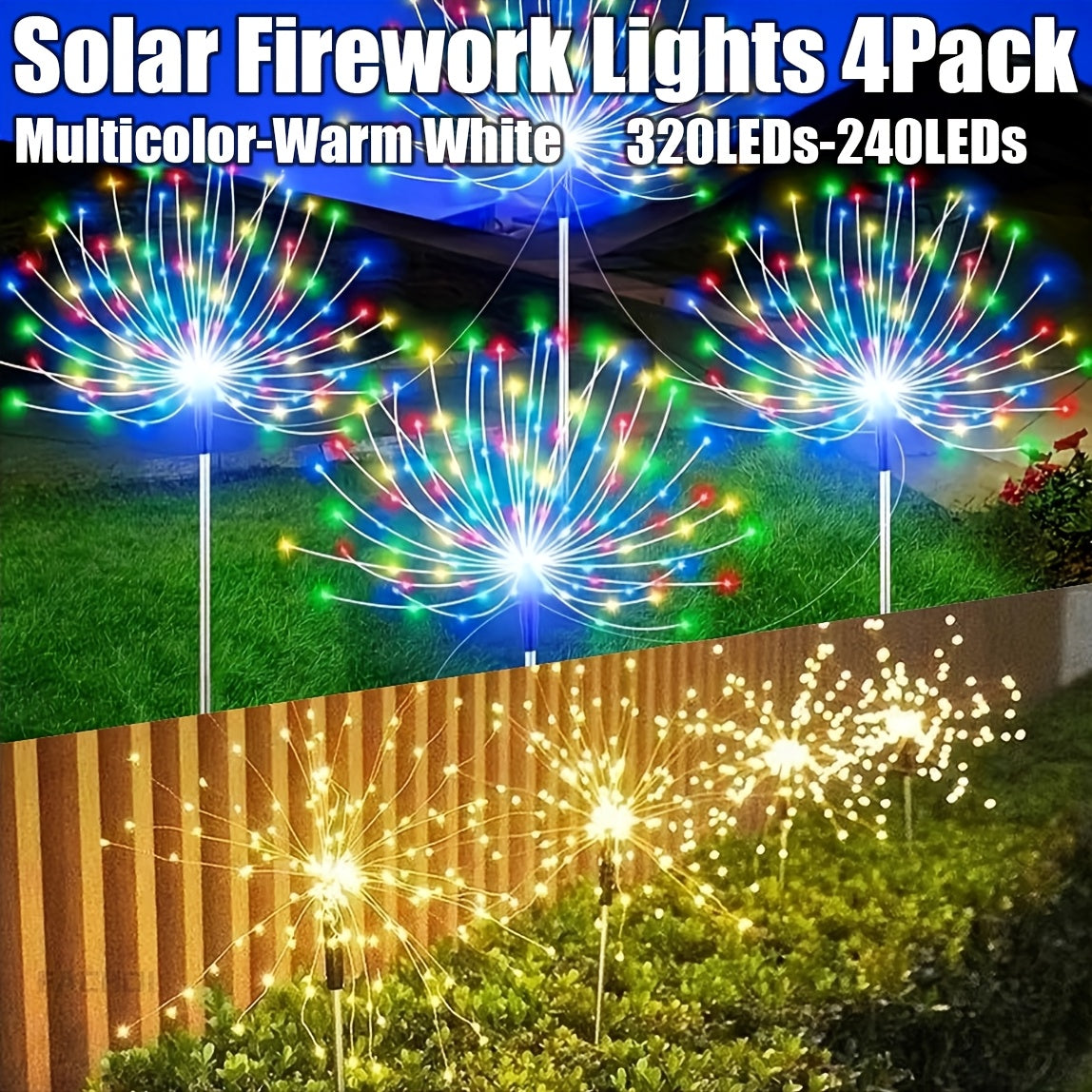 4 piezas de luces solares FACHOI tipo fuegos artificiales, multicolor y blanco cálido, 320 LED + 240 LED, 8 modos de iluminación, luces decorativas con alambre de cobre para jardín, camino, césped, decoración exterior, luces solares para exteriores