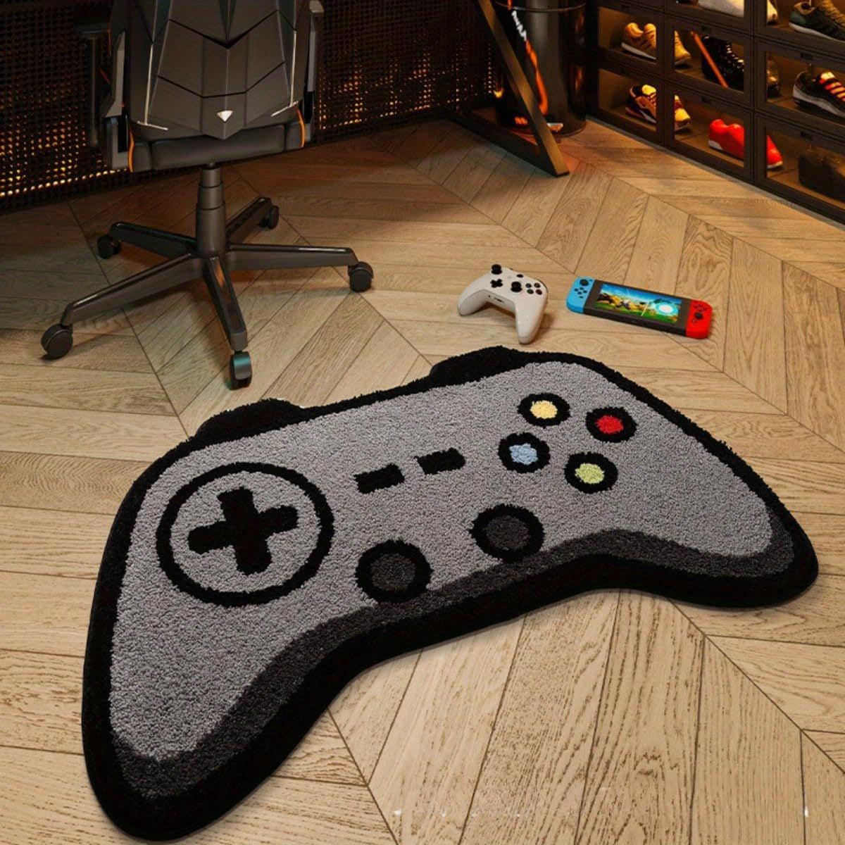 Alfombra de felpa con forma de control de videojuegos, imitación a cachemira de poliéster, antideslizante, lavable a mano, ideal para decoración de dormitorio y sala de estar, alfombra de piso para área de juegos, decoración para habitación de juegos