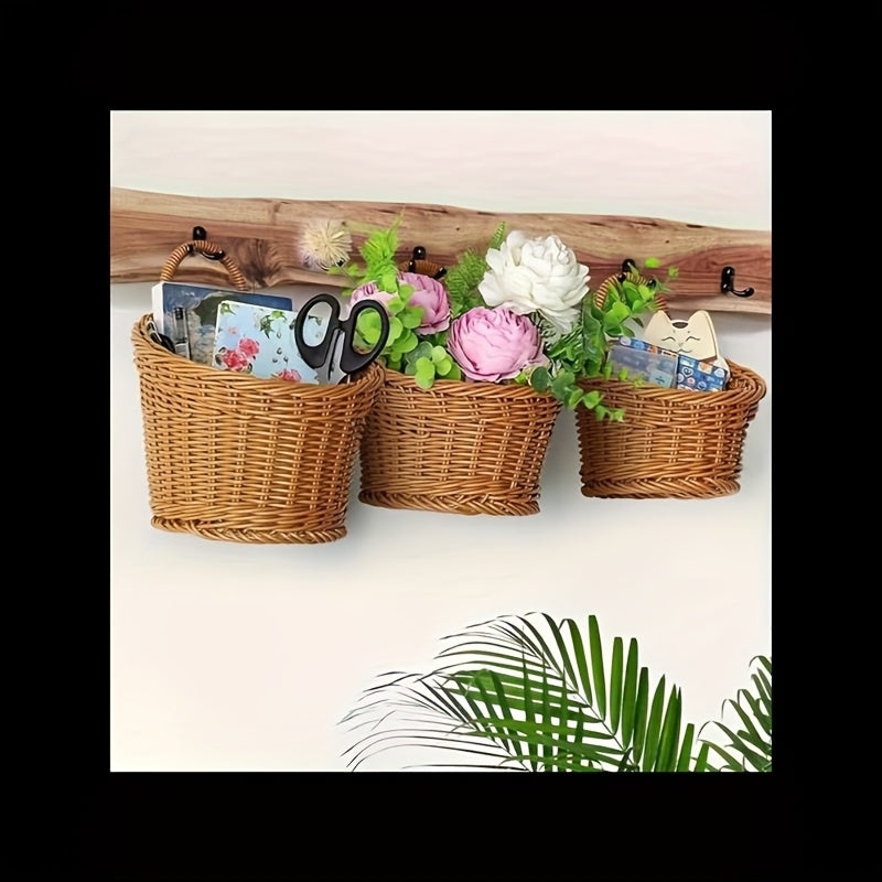 Juego de 3 Cestas Rústicas Imitación Ratán para Pared, Cestos Colgantes Tejidos de Plástico para Cocina, Jengibre, Ajo y Frutas, Organizadores Multiusos con Asa para Hogar y Estantes