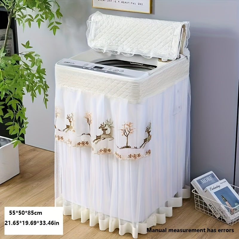 Cubierta de polvo de encaje floral elegante para lavadora - Verde claro y blanco, 55x57x83 pulgadas, diseño con borde fruncido, operación completamente automática, protector de electrodomésticos con patrón de encaje decorativo, cubierta de lavadora, deco