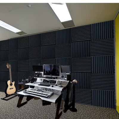 96 piezas de paneles acústicos de espuma negra VIBuilt, 30.48 cm x 30.48 cm x 2.54 cm - Baldosas insonorizadas de alta densidad para estudio, sala de música y sala de juegos, reducción de ruido, fácil instalación, duraderas y absorbentes, paneles insonor