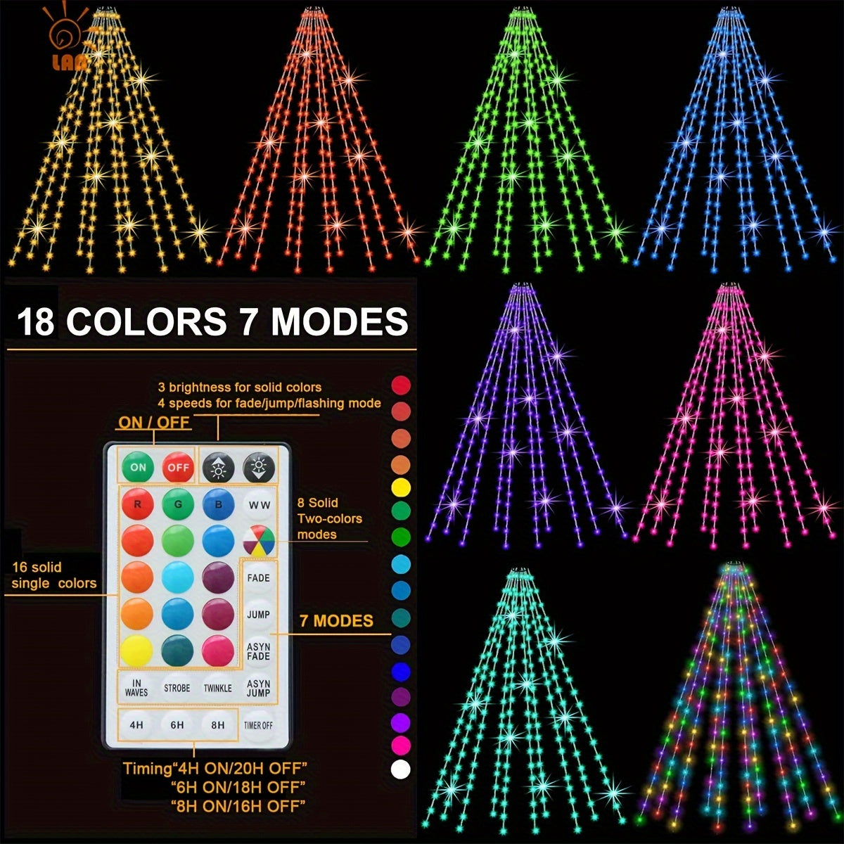 1 pieza, Luces De Árbol De Navidad, Luces De Navidad Cambiantes De Color Con Control Remoto Y Función De Memoria Y Temporizador, 6.6ft 16 Colgantes 200 LED Regulables Múltiples Modos Cadena De Luces Navideñas