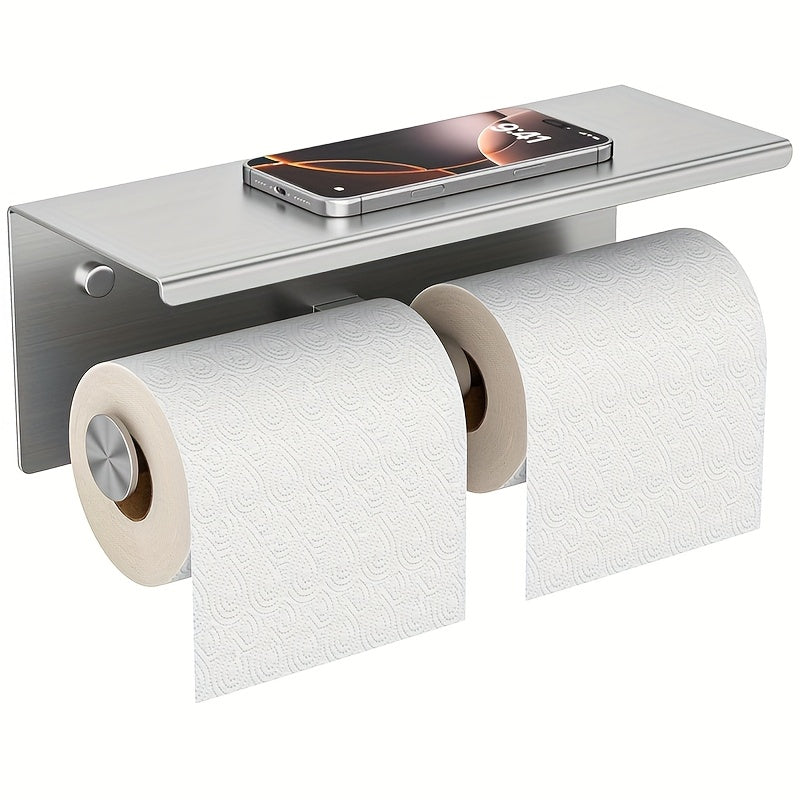 Soporte de papel higiénico de acero inoxidable con estante, diseño de doble cabeza, acabado cepillado, ahorro de espacio para baño, dorado, accesorio de inodoro.