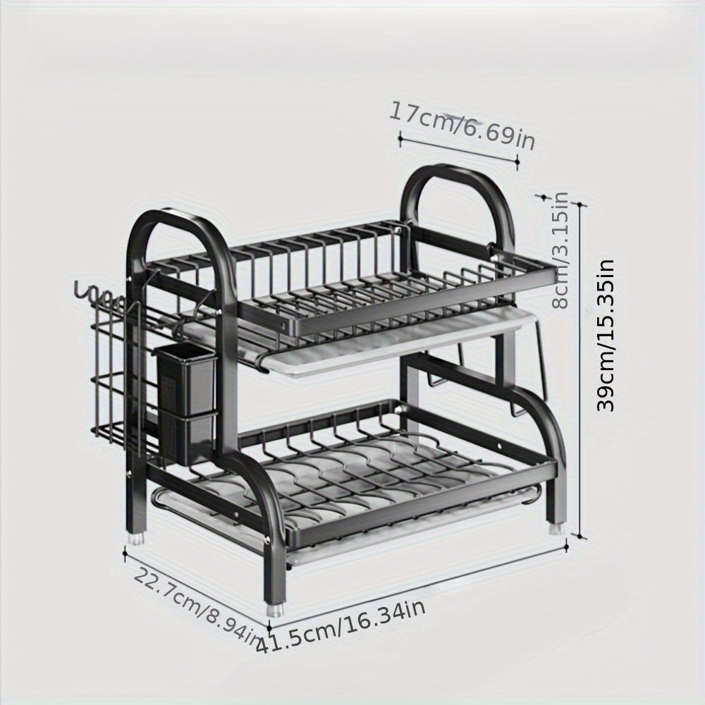 1pc Organizador de Cocina de Acero Inoxidable Resistente con Bandeja de Drenaje - Estante de 2 Niveles para Encimera, Ganchos para Utensilios - Ahorro de Espacio, Fácil Limpieza, Diseño Minimalista, Almacenamiento de Vajilla y Cubiertos, Ideal para Hogar