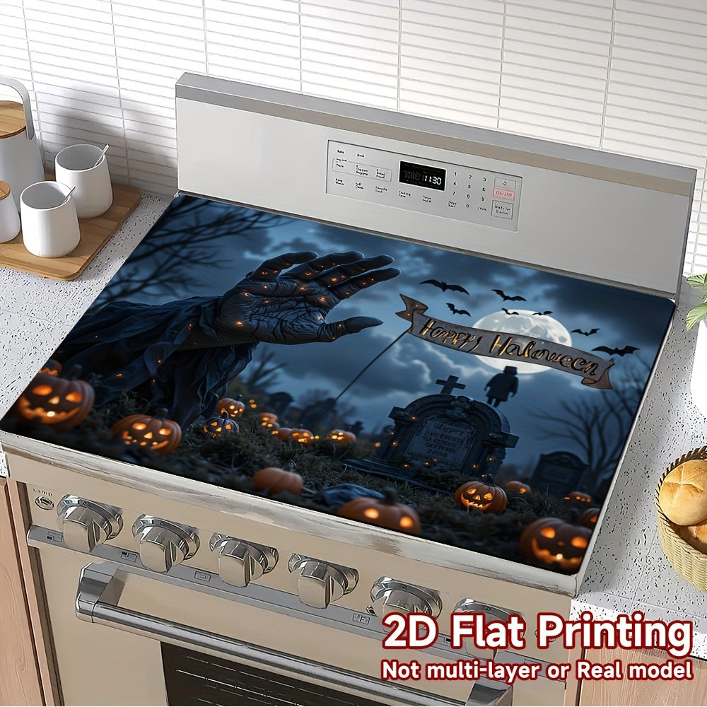 1pc Protector de Estufa para Halloween - Escena Espeluznante con Calabazas, Alfombrilla Antideslizante para Cocinas a Gas/Inducción, Lavadoras y Secadoras - Decoración Fácil de Limpiar (1 pieza), Accesorio Festivo, Diseño Plano 2D, Cubierta para Encimera
