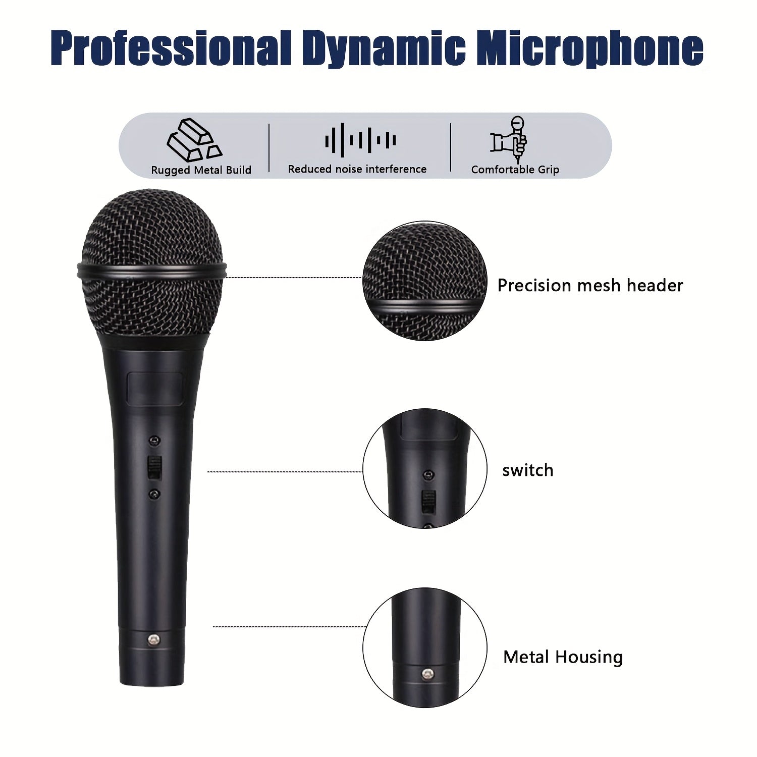 Micrófono de Karaoke Dinámico con Cable, Micrófono Metálico Portátil, , Conector de 6.35mm, Calidad de Sonido Clara, Agarre Cómodo, Ideal para Karaoke, Discursos, Cantos, Reuniones, Transmisiones en Vivo, etc