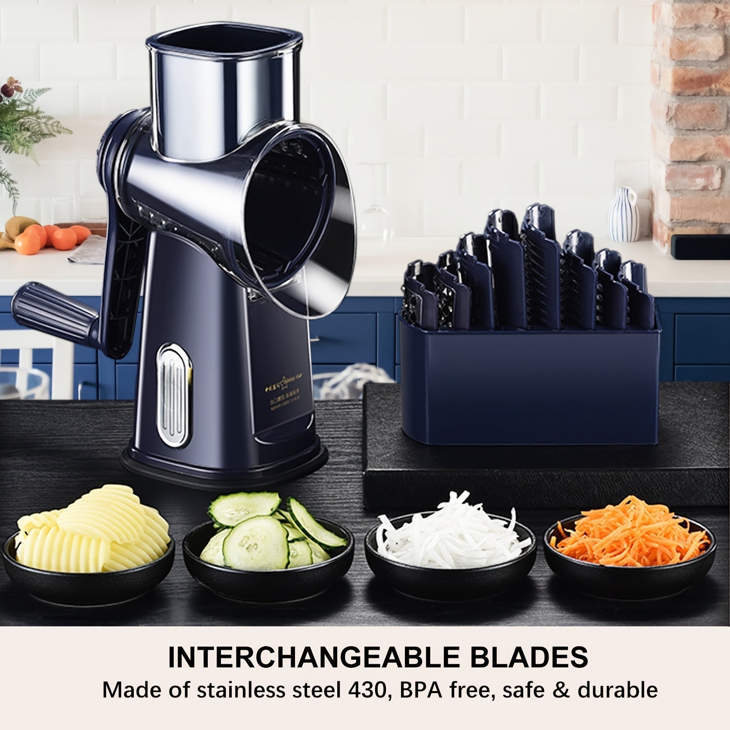 5 en 1, rallador de queso y cuchilla de verduras con mano de viento, cuchillas intercambiables de acero inoxidable, base de succión fuerte, fácil de limpiar, regalo ideal para la cocina, azul marino