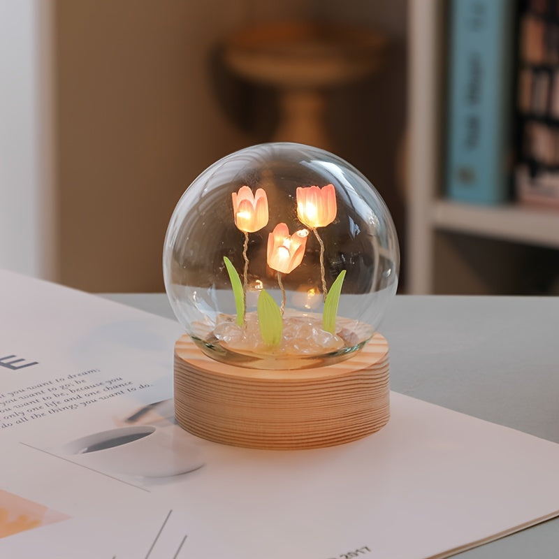 Lámpara nocturna de tulipán en miniatura artesanal: ideal para decoración de habitación, adornos de escritorio y regalos festivos - Funciona con pilas, control de interruptor, pantalla de vidrio, adecuada para varios tipos de habitaciones