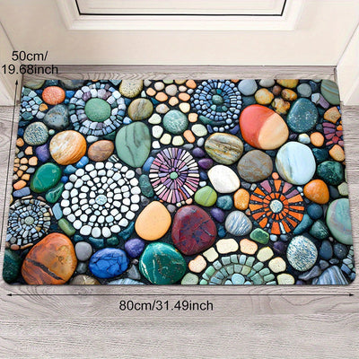 Tapete de entrada con diseño de piedras coloridas – 1 pieza de franela suave + base de espuma de 1 cm, patrón vibrante de piedras para interior/exterior, secado rápido, poliéster resistente al desgaste, ideal para cocina, baño y puerta principal, tapete