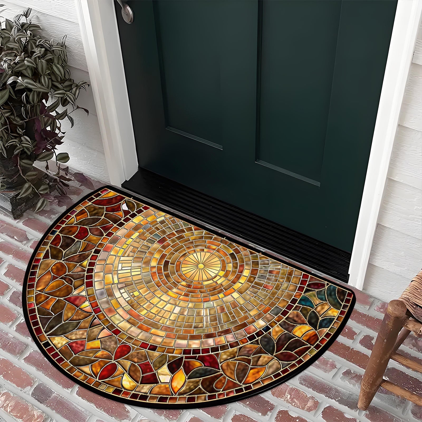 1pz Felpudo con Diseño de Hojas - Tapete Semicircular de Terciopelo Diamante Dorado, 1000g por Metro Cuadrado, Lavable en Máquina, Diseño de Mosaico Vibrante, Adecuado para Entrada, Dormitorio, Sala de Estar, Cocina y Más Decoración del Hogar