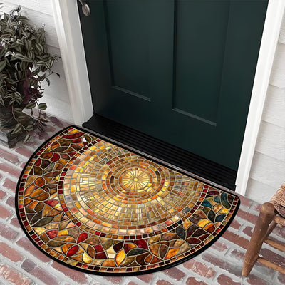 1pz Felpudo con Diseño de Hojas - Tapete Semicircular de Terciopelo Diamante Dorado, 1000g por Metro Cuadrado, Lavable en Máquina, Diseño de Mosaico Vibrante, Adecuado para Entrada, Dormitorio, Sala de Estar, Cocina y Más Decoración del Hogar