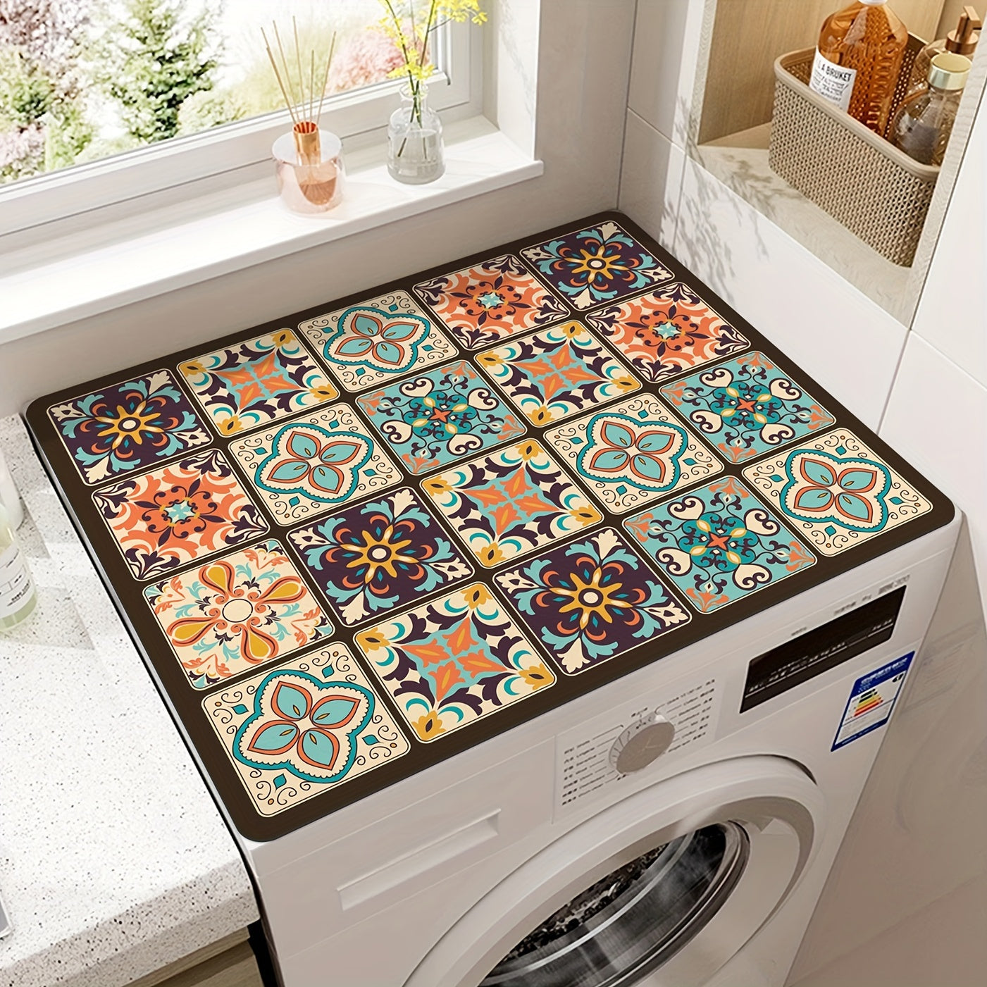 1 pieza de tapa de lavadora de mosaico vintage, duradera, hecha de diatomeas, 15,75" x 19,69", con patrón floral colorido, ideal para decorar la cocina o el cuarto de lavado, tapa decorativa de electrodoméstico|Estilo retro|Material de diatomeas