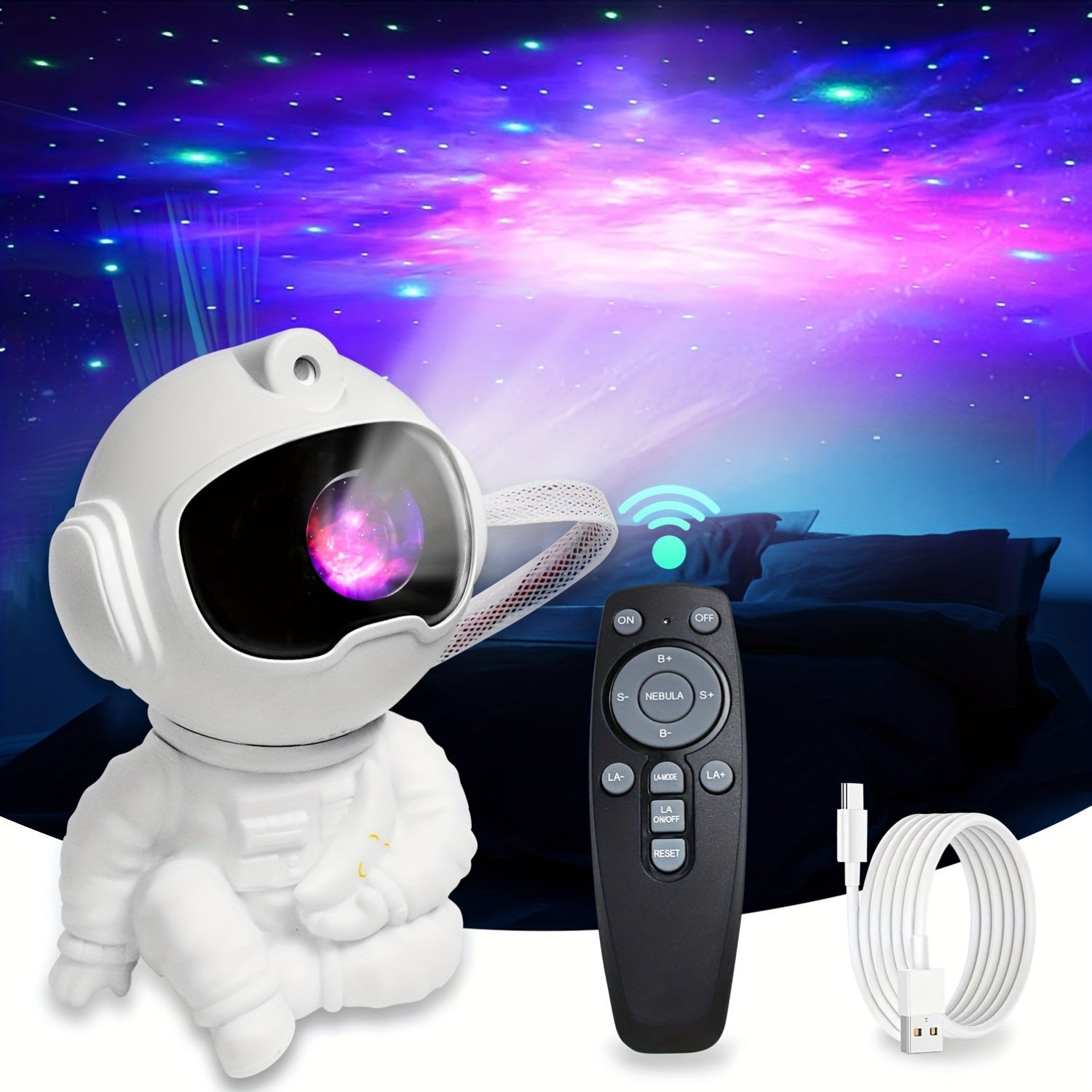 [Relajación en casa] Proyector de galaxia moderno LED Tunpahcon, iluminación nocturna con patrón de estrellas alimentada por USB, diseño de astronauta móvil controlado por telemando, brillo y color ajustables para la atmósfera de la habitación, ideal par