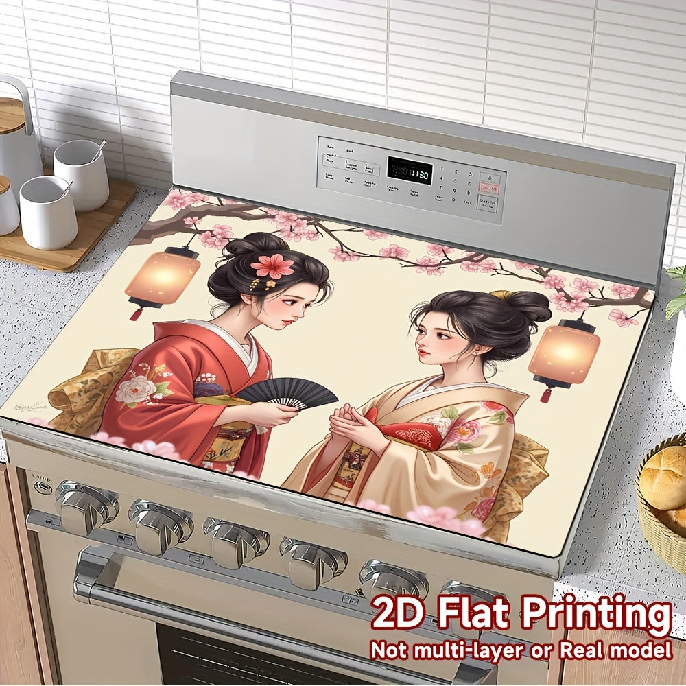 1pc Alfombrilla de Cocina con Temática Japonesa - Dos Geishas con Linternas, Protector Anticalor para Encimeras de Estufas a Gas/Eléctricas, Lavadoras, Cafeteras y Secadoras - Diseño Tradicional Japonés en Atuendo, Decoración Antideslizante para Suelos,