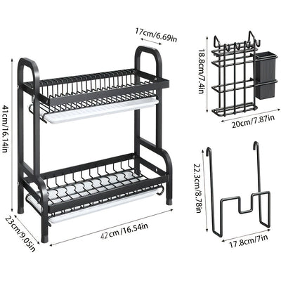 1pc Estante de Secado de Acero Inoxidable de 2 Niveles con Sistema de Drenaje, Organizador de Encimera de Gran Capacidad para Platos, Boles y Tablas de Cortar - Estantería Multifuncional para Cocina
