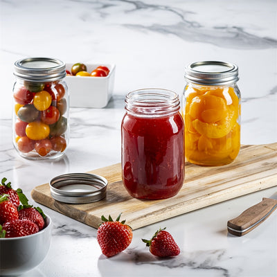 16 oz. Frascos de vidrio redondos Mason con tapas metálicas abatibles, herméticos, aptos para congelador, lavables a mano, ideales para enlatar, conservar, preparar comidas, almacenar granos - No se necesita electricidad