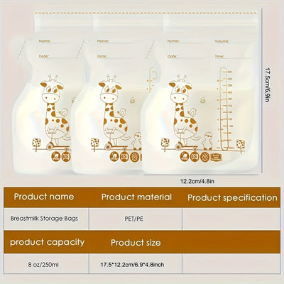 100 bolsas de almacenamiento de leche materna PP transparentes de 8 oz/250 ml, con pico vertedor, doble sellado, perfil plano y base autosoportable para refrigeración y congelación
