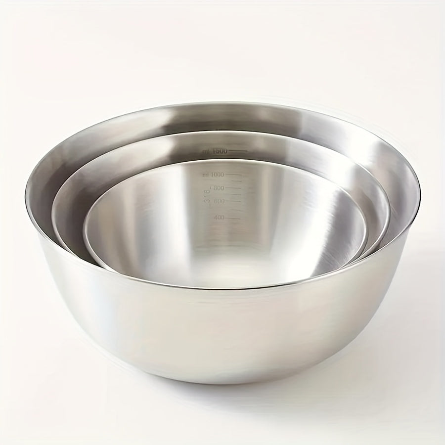 Juego de 3 tazones de acero inoxidable para ensaladas, tazones resistentes con diseño de vegetales, antirayaduras, acabado metálico cepillado redondo, ideales para cocinar, hornear, mezclar y almacenar alimentos, uso en cocina de casa o RV