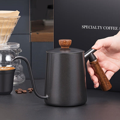 Cafetera de Acero Inoxidable de 600ml con Mango de Madera - Infusión por Goteo, Diseño de Pico Largo para Uso Doméstico - Perfecta para Halloween, Navidad, Pascua, San Valentín, Acción de Gracias