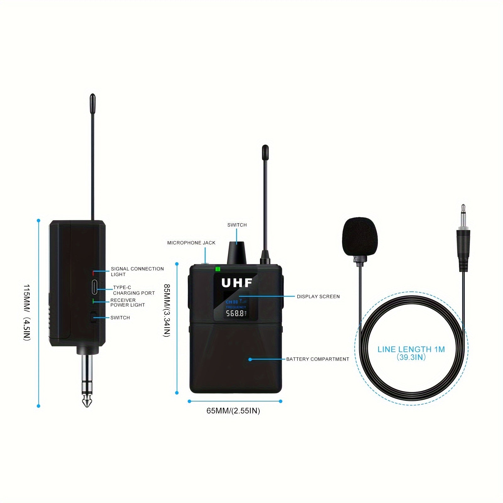 Micrófono inalámbrico profesional con collar de solapa, ajustable, recargable por USB, batería de litio de 800 mAh, conector de 6,35 mm para karaoke, canto, juegos, videoconferencias y transmisión en vivo.
