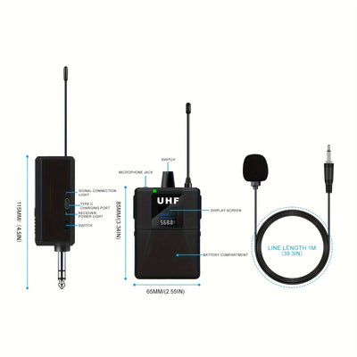 Micrófono inalámbrico profesional con collar de solapa, ajustable, recargable por USB, batería de litio de 800 mAh, conector de 6,35 mm para karaoke, canto, juegos, videoconferencias y transmisión en vivo.