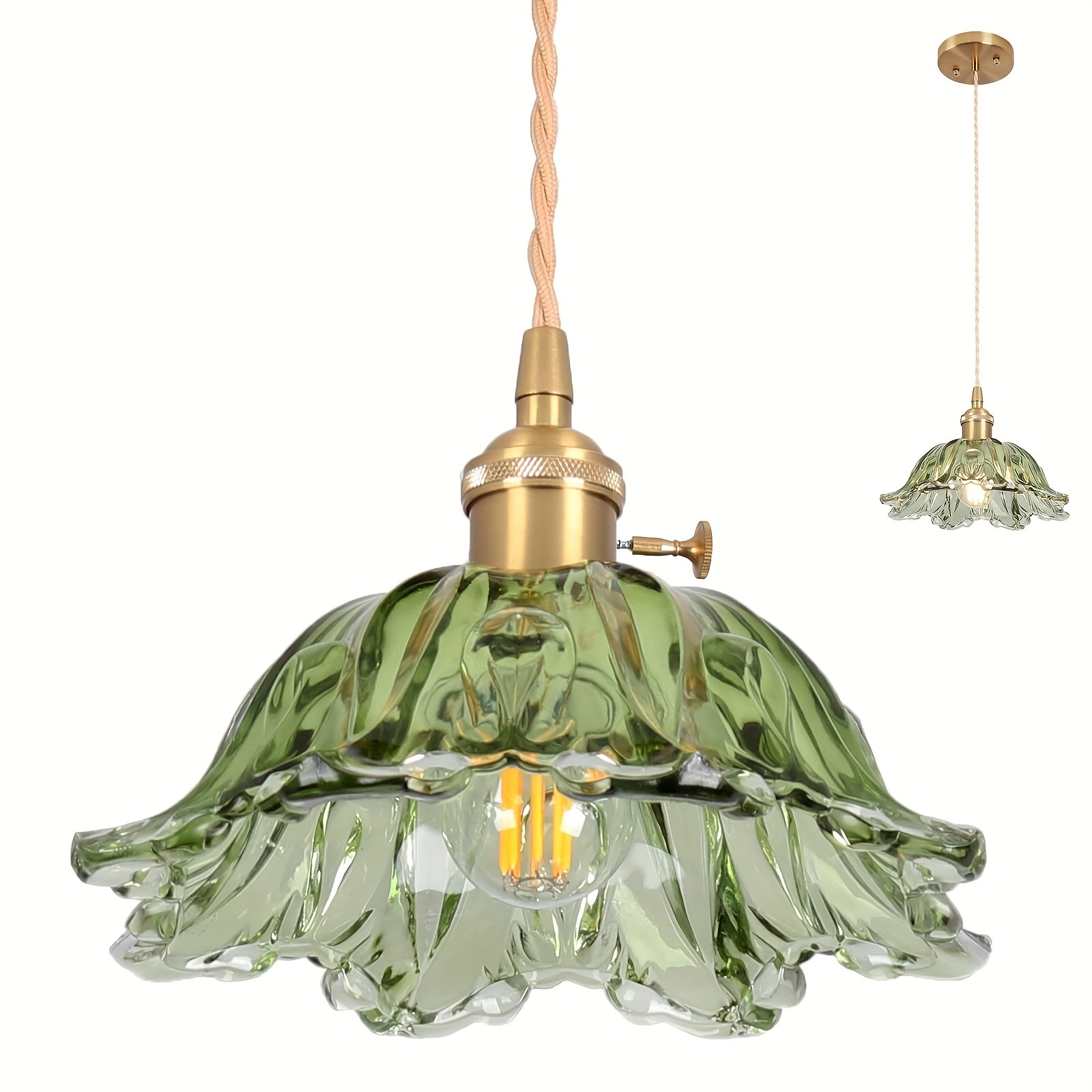 Lámpara colgante de vidrio vintage - Lámpara colgante de metal E26 con pantalla de vidrio verde, montaje semienterrado para isla de cocina, dormitorio, hotel y comedor - No incluye cable ni bombilla, lámpara colgante para sala de estar, iluminación moder