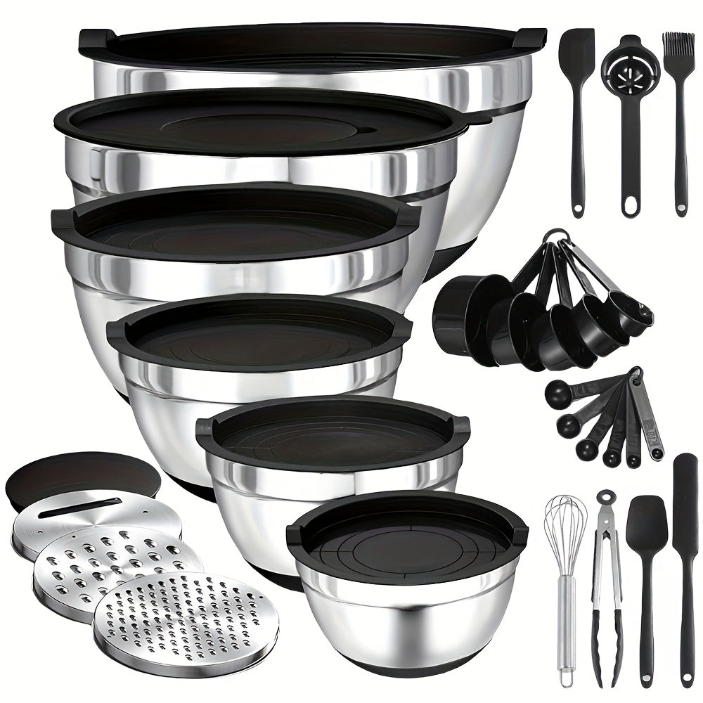 Juego de 22/32 tazones de acero inoxidable con tapa y rallador, anidables, antióxido, aptos para hornear, preparar, cocinar, mezclar ensaladas, servir alimentos, lavavajillas seguro, varios tamaños, ideal para Navidad, perfecto para Acción de Gracias