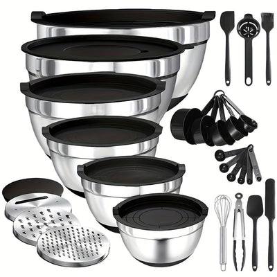 Juego de 22/32 tazones de acero inoxidable con tapa y rallador, anidables, antióxido, aptos para hornear, preparar, cocinar, mezclar ensaladas, servir alimentos, lavavajillas seguro, varios tamaños, ideal para Navidad, perfecto para Acción de Gracias