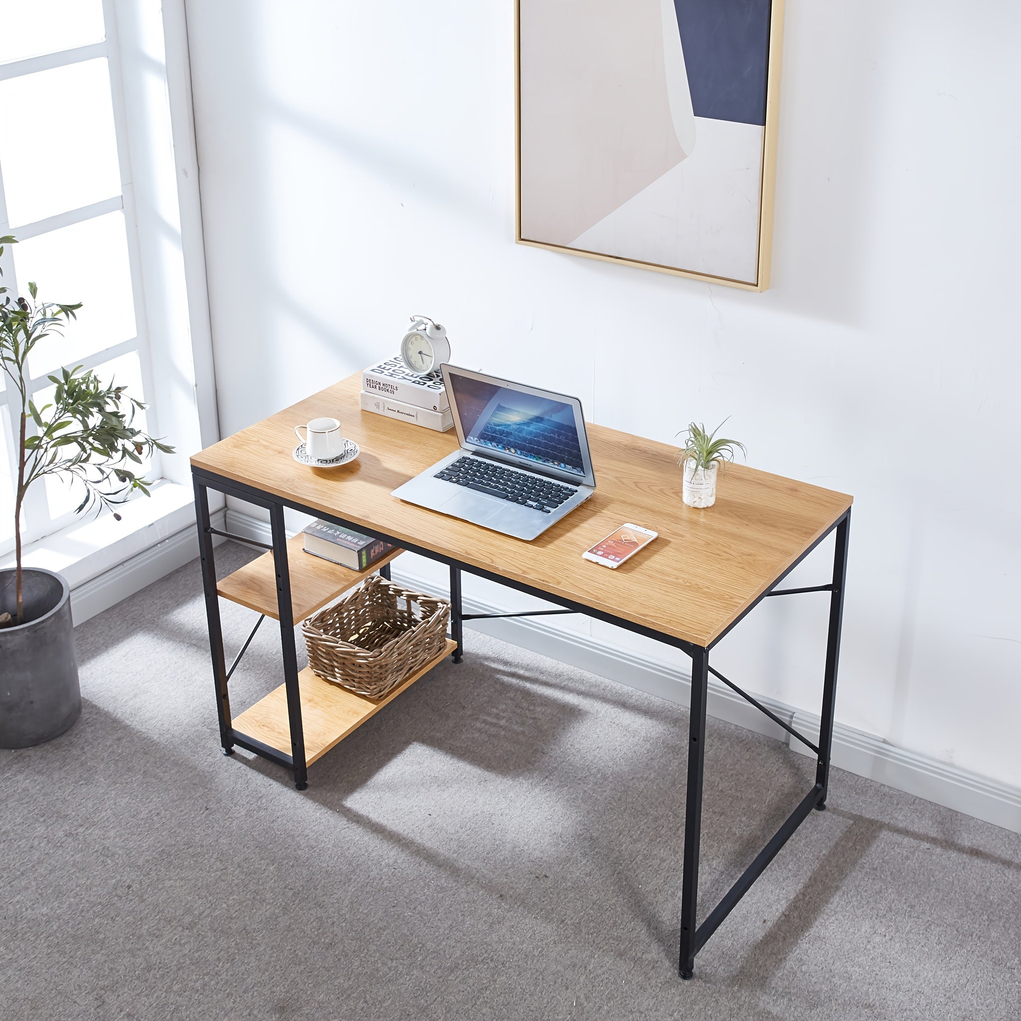Escritorio moderno y minimalista con marco de metal y estantes laterales de almacenamiento - Fácil de limpiar, ideal para hogar, oficina, dormitorio, estudio, escuela y área de estudio de estudiantes, escritorio de computadora.