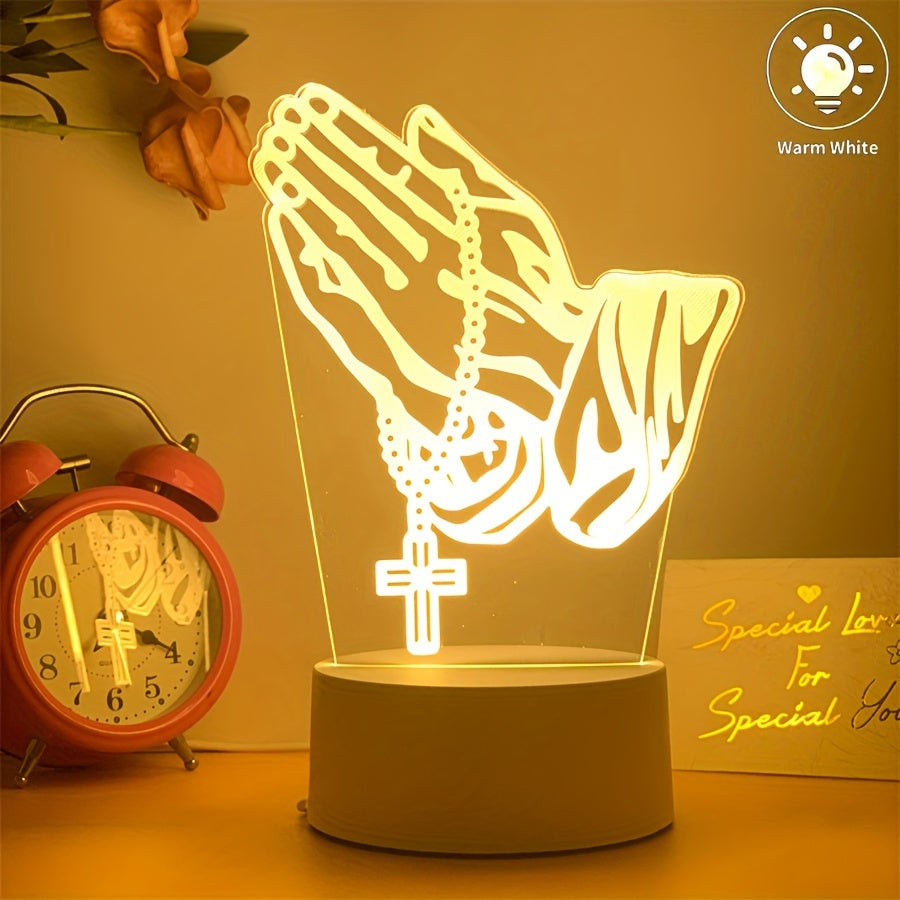 Luz de noche de oración en cruz 3D - Alimentada por USB, conmutador controlado por botón, luz de ambiente creativa para escritorio y dormitorio, lámpara de mesa decorativa novedosa, adecuada para Ramadán, luz de ambiente de habitación festiva, con base b