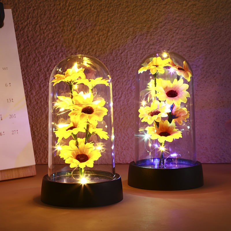 1 pieza de Luz Nocturna de Girasol LED para Decoración del Hogar con Cubierta de Plástico, Funciona con Pilas, Luces de Girasol para Decoración de Mesa y Habitaciones, luces florales para fiestas de bodas, adecuadas para la decoración interior de dormito