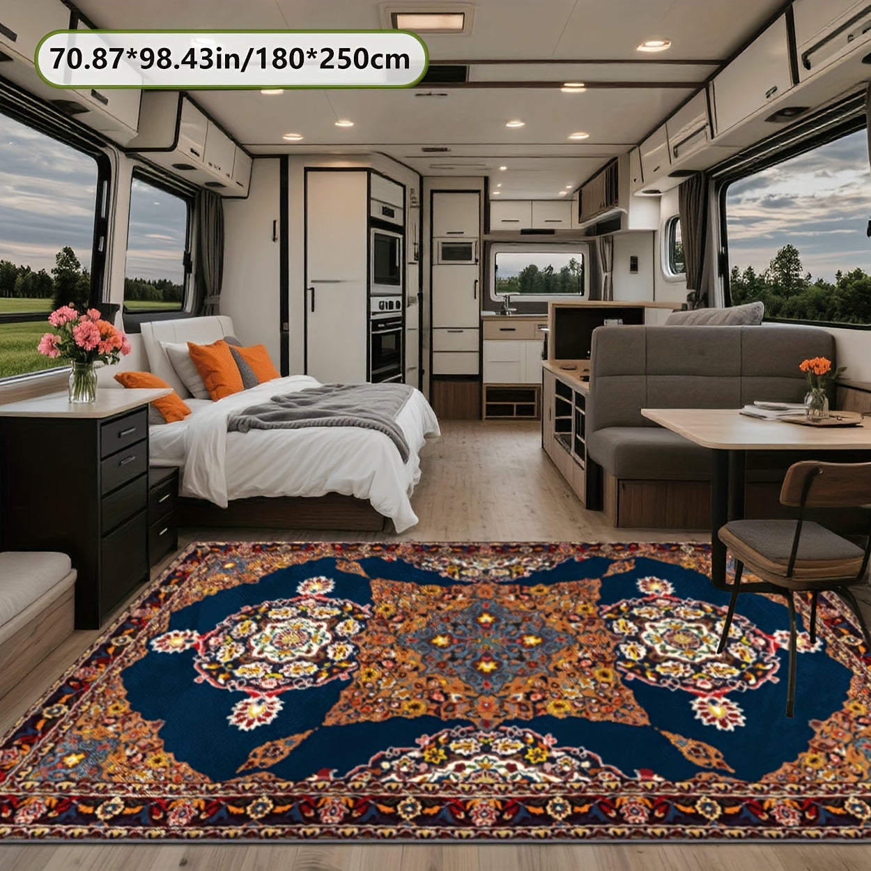 Alfombra Decorativa de Terciopelo Diamante Dorado + Base Antideslizante Plástica, Estampado 2D con Patrón Tradicional Exquisito, Estilo Clásico para Picnics, RVs, Balcones, Terrazas y Camping, Uso en Interiores y Exteriores, Varios Tamaños Disponibles