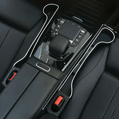 Pack de 2 Organizadores para Espacios del Asiento del Coche - Caja de Almacenamiento Multifuncional con Portavasos, Ranuras para Teléfono y Bolígrafos, Diseño Ergonómico en Plástico Duradero para el Frente
