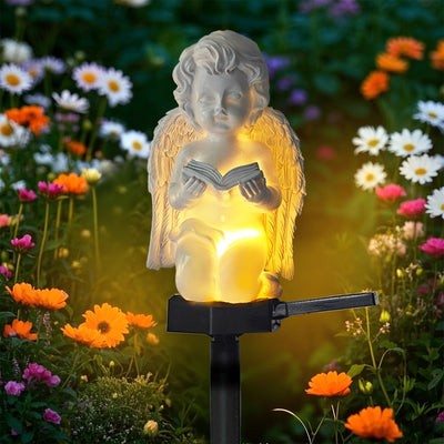 Estatua de ángel con alas de resina y vela, alimentada por energía solar, para decoración de jardín al aire libre, iluminación de césped para patio, sendero o jardín, figura de bendición eficiente en energía para niños y adultos, decoración de jardín sol