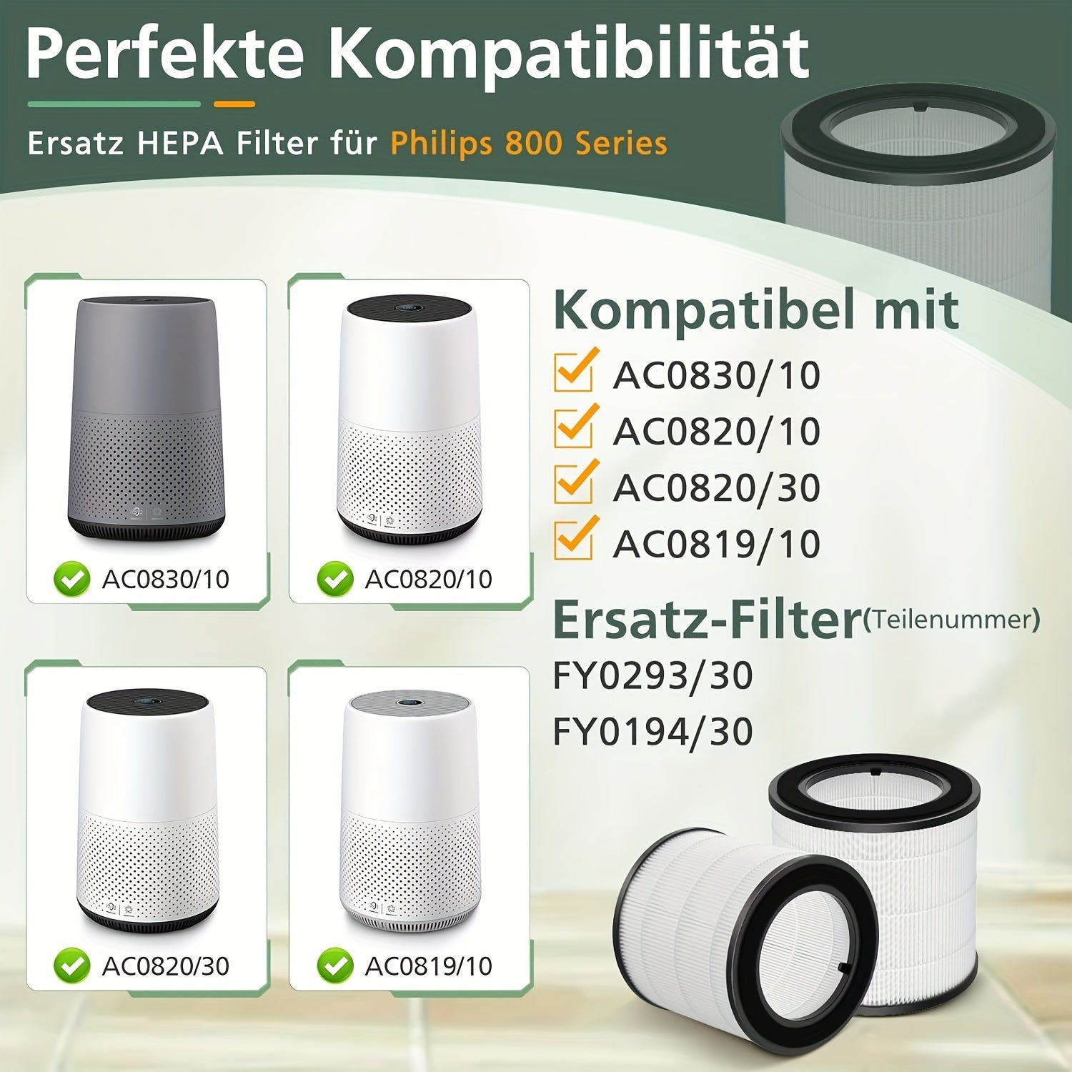 Filtro de reemplazo FY0293/30 para purificador de aire for philips 800 Series AC0830/10 AC0820/10 AC0820/30 AC0819/10, 3 en 1 HEPA y carbón activado AC0830, número de pieza FY0293/30 FY0194 30
