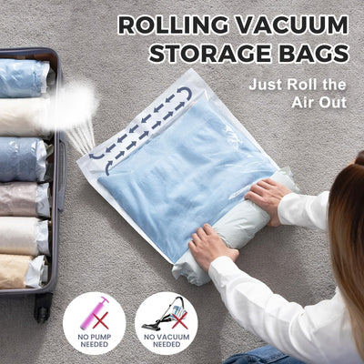 6pcs Bolsas de Compresión de Viaje Enrolladas a Mano - No Necesita Bomba, Almacenamiento Transparente para Toallas, Calcetines, Cosméticos y Más - Acabado Mate Mejorado, Varios Tamaños Disponibles